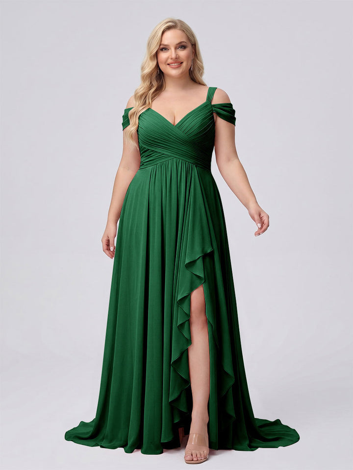 A-Line/Princess V-Neck Split Side Floor-Length Chiffon Plus Size Bridesmaid Dresses With Ruffles