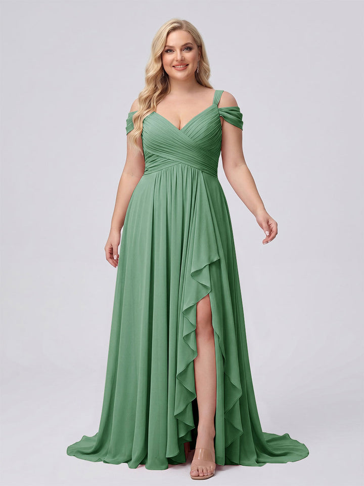 A-Line/Princess V-Neck Split Side Floor-Length Chiffon Plus Size Bridesmaid Dresses With Ruffles