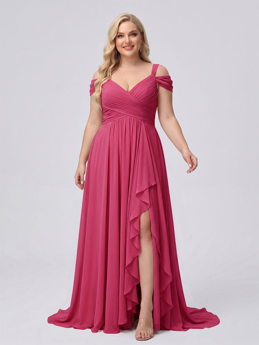 A-Line/Princess V-Neck Split Side Floor-Length Chiffon Plus Size Bridesmaid Dresses With Ruffles