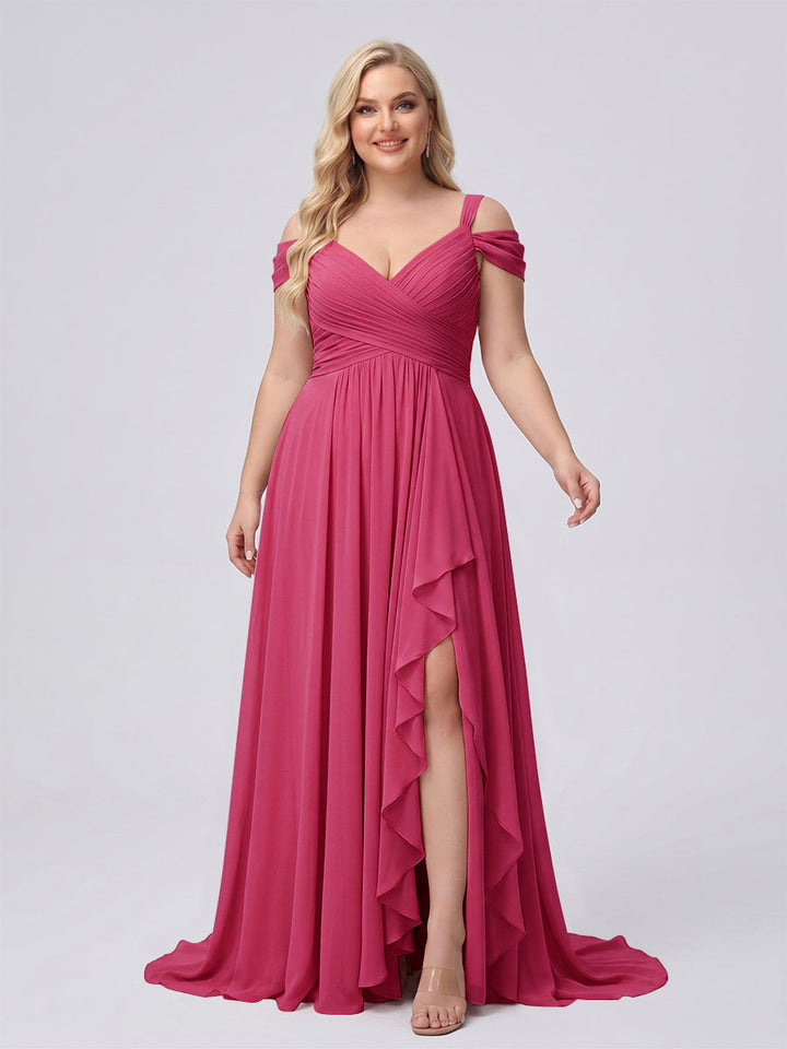 A-Line/Princess V-Neck Split Side Floor-Length Chiffon Plus Size Bridesmaid Dresses With Ruffles
