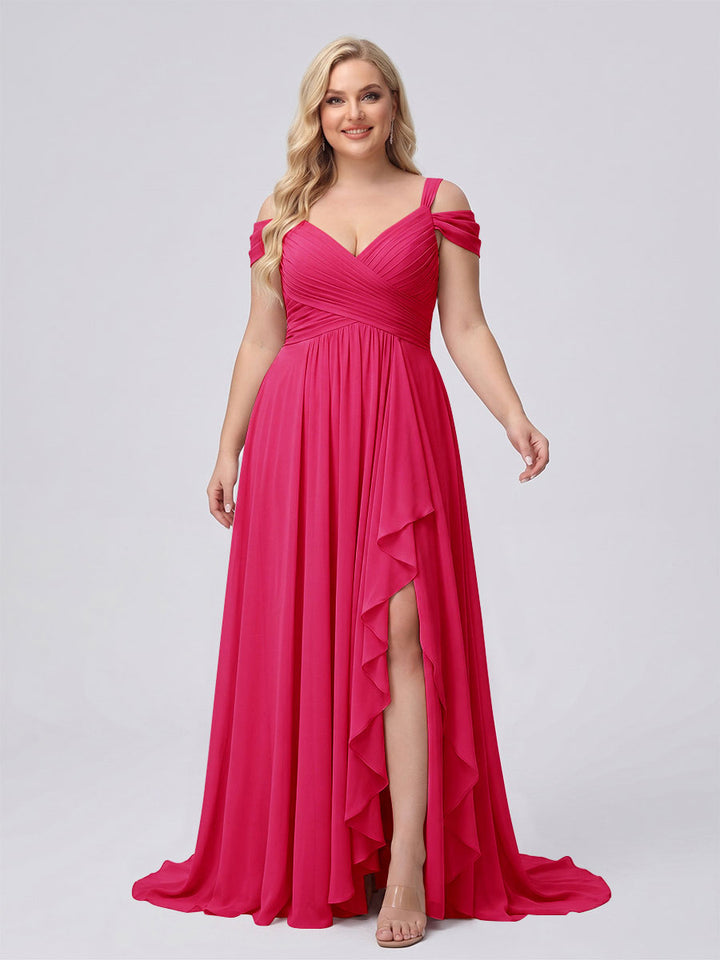 A-Line/Princess V-Neck Split Side Floor-Length Chiffon Plus Size Bridesmaid Dresses With Ruffles