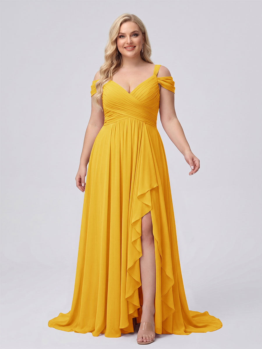 A-Line/Princess V-Neck Split Side Floor-Length Chiffon Plus Size Bridesmaid Dresses With Ruffles