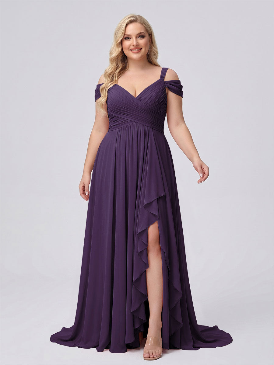 A-Line/Princess V-Neck Split Side Floor-Length Chiffon Plus Size Bridesmaid Dresses With Ruffles