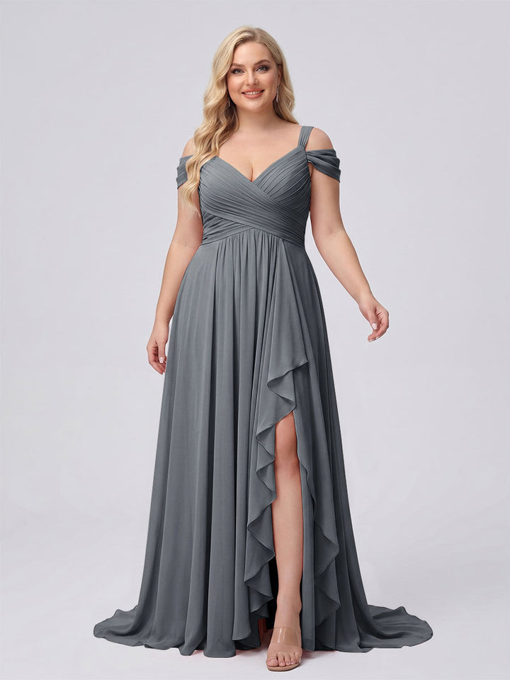 A-Line/Princess V-Neck Split Side Floor-Length Chiffon Plus Size Bridesmaid Dresses With Ruffles