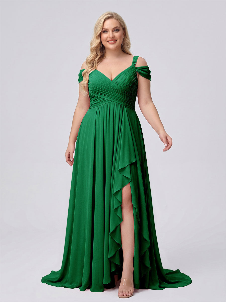 A-Line/Princess V-Neck Split Side Floor-Length Chiffon Plus Size Bridesmaid Dresses With Ruffles