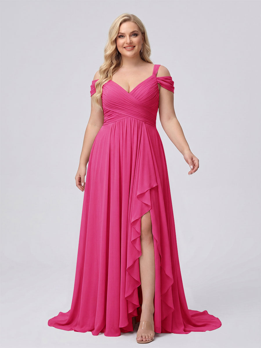 A-Line/Princess V-Neck Split Side Floor-Length Chiffon Plus Size Bridesmaid Dresses With Ruffles