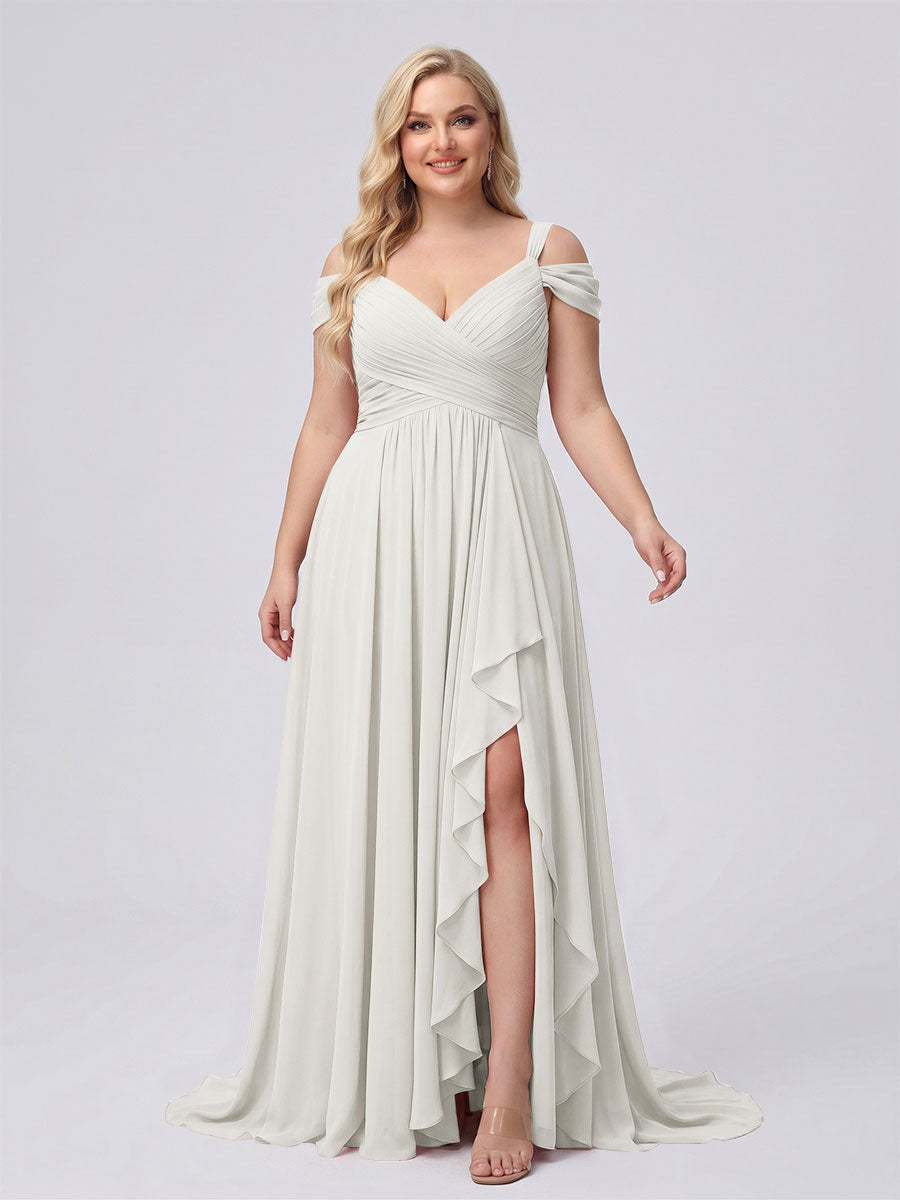 A-Line/Princess V-Neck Split Side Floor-Length Chiffon Plus Size Bridesmaid Dresses With Ruffles