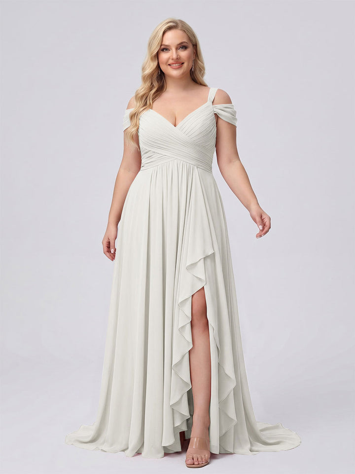 A-Line/Princess V-Neck Split Side Floor-Length Chiffon Plus Size Bridesmaid Dresses With Ruffles