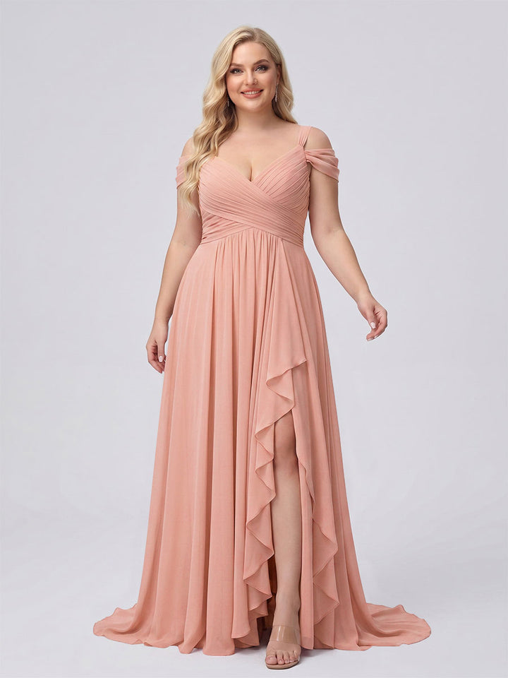A-Line/Princess V-Neck Split Side Floor-Length Chiffon Plus Size Bridesmaid Dresses With Ruffles