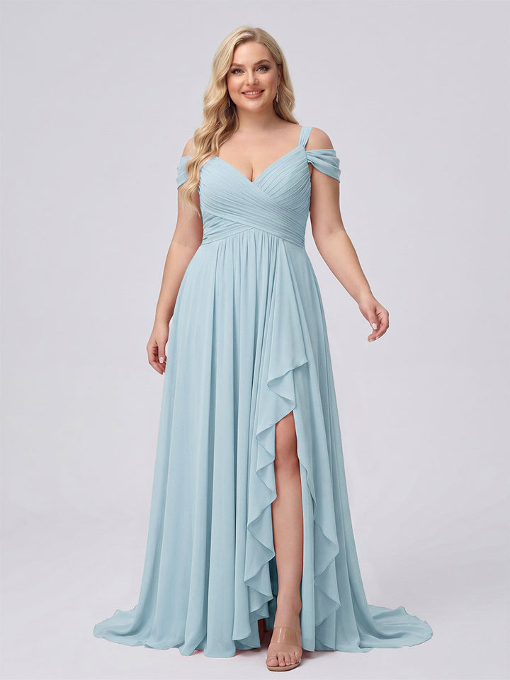 A-Line/Princess V-Neck Split Side Floor-Length Chiffon Plus Size Bridesmaid Dresses With Ruffles