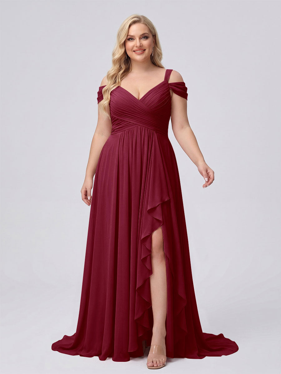 A-Line/Princess V-Neck Split Side Floor-Length Chiffon Plus Size Bridesmaid Dresses With Ruffles
