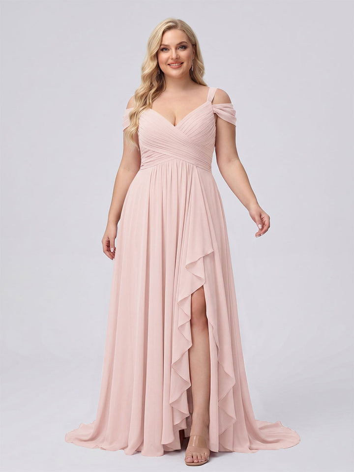 A-Line/Princess V-Neck Split Side Floor-Length Chiffon Plus Size Bridesmaid Dresses With Ruffles