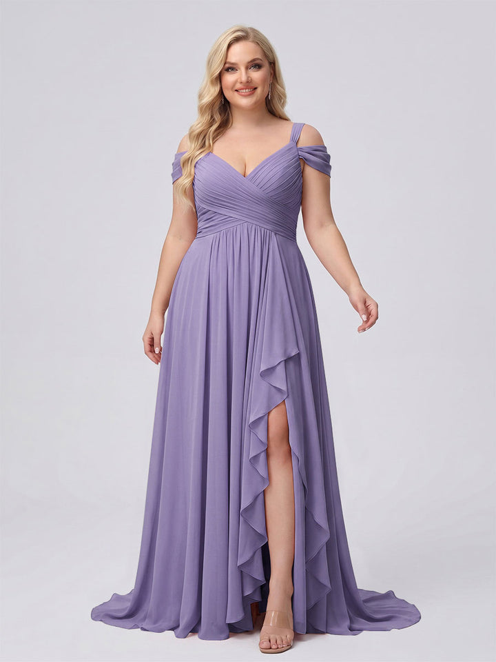 A-Line/Princess V-Neck Split Side Floor-Length Chiffon Plus Size Bridesmaid Dresses With Ruffles