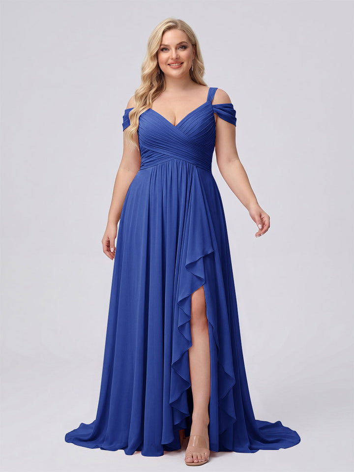 A-Line/Princess V-Neck Split Side Floor-Length Chiffon Plus Size Bridesmaid Dresses With Ruffles