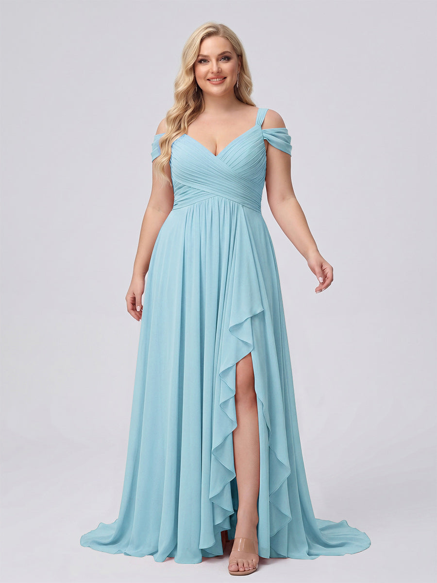 A-Line/Princess V-Neck Split Side Floor-Length Chiffon Plus Size Bridesmaid Dresses With Ruffles