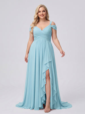 A-Line/Princess V-Neck Split Side Floor-Length Chiffon Plus Size Bridesmaid Dresses With Ruffles