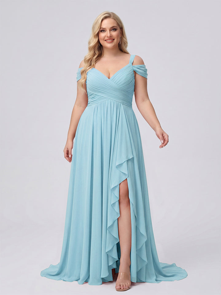 A-Line/Princess V-Neck Split Side Floor-Length Chiffon Plus Size Bridesmaid Dresses With Ruffles