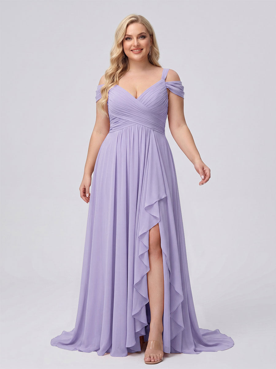 A-Line/Princess V-Neck Split Side Floor-Length Chiffon Plus Size Bridesmaid Dresses With Ruffles