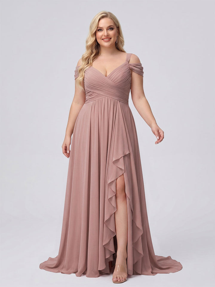 A-Line/Princess V-Neck Split Side Floor-Length Chiffon Plus Size Bridesmaid Dresses With Ruffles