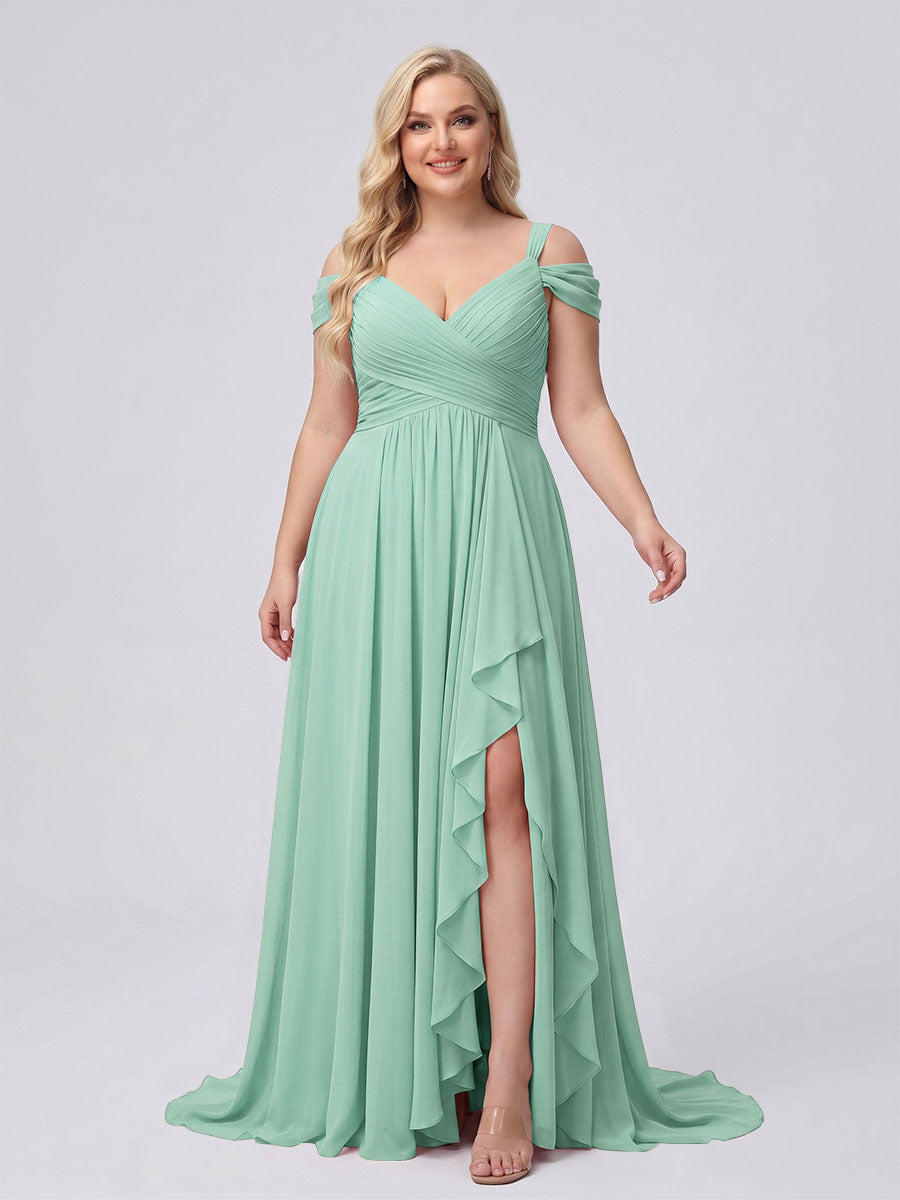 A-Line/Princess V-Neck Split Side Floor-Length Chiffon Plus Size Bridesmaid Dresses With Ruffles