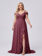 A-Line/Princess V-Neck Split Side Floor-Length Chiffon Plus Size Bridesmaid Dresses With Ruffles