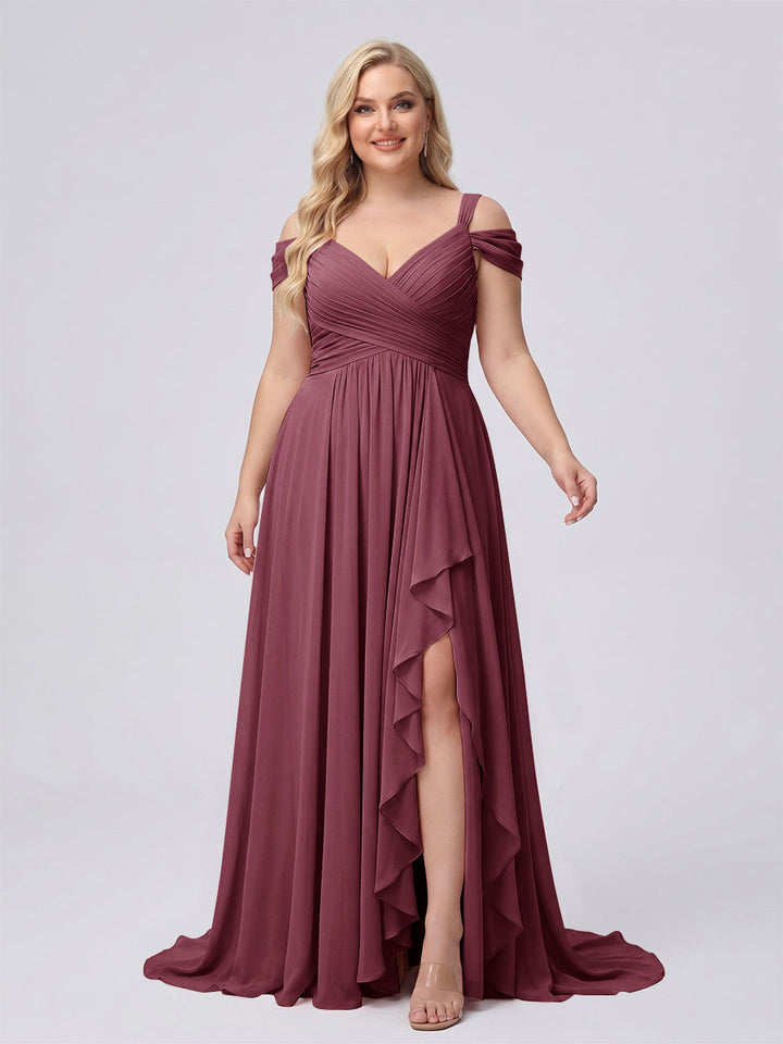 A-Line/Princess V-Neck Split Side Floor-Length Chiffon Plus Size Bridesmaid Dresses With Ruffles