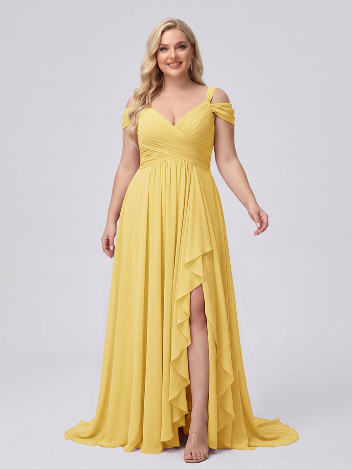 A-Line/Princess V-Neck Split Side Floor-Length Chiffon Plus Size Bridesmaid Dresses With Ruffles