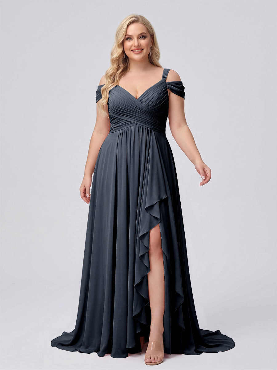 A-Line/Princess V-Neck Split Side Floor-Length Chiffon Plus Size Bridesmaid Dresses With Ruffles