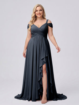 A-Line/Princess V-Neck Split Side Floor-Length Chiffon Plus Size Bridesmaid Dresses With Ruffles