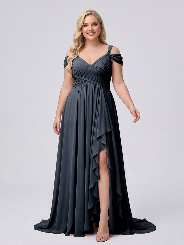 A-Line/Princess V-Neck Split Side Floor-Length Chiffon Plus Size Bridesmaid Dresses With Ruffles