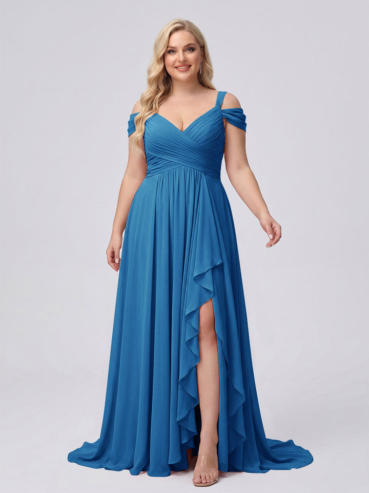 A-Line/Princess V-Neck Split Side Floor-Length Chiffon Plus Size Bridesmaid Dresses With Ruffles