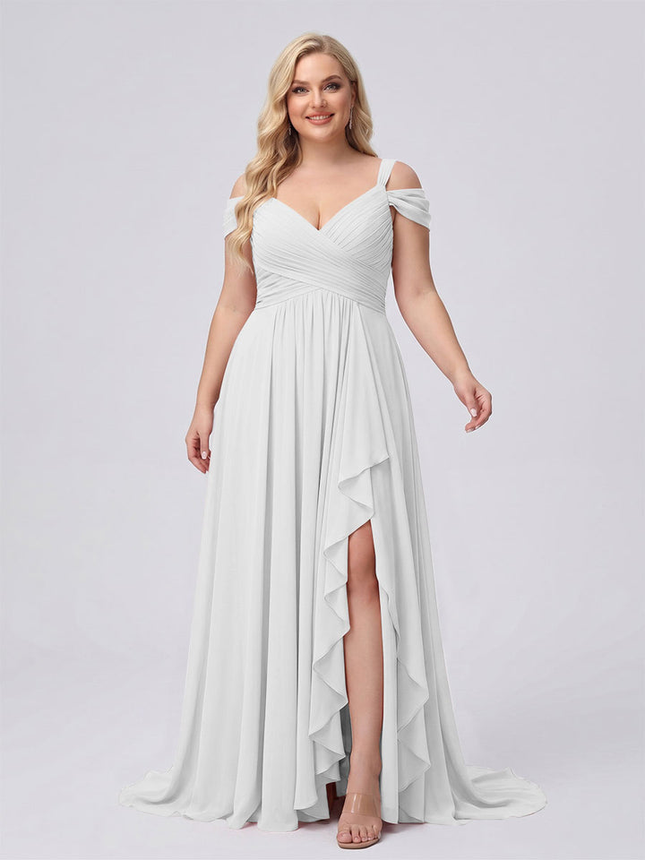 A-Line/Princess V-Neck Split Side Floor-Length Chiffon Plus Size Bridesmaid Dresses With Ruffles