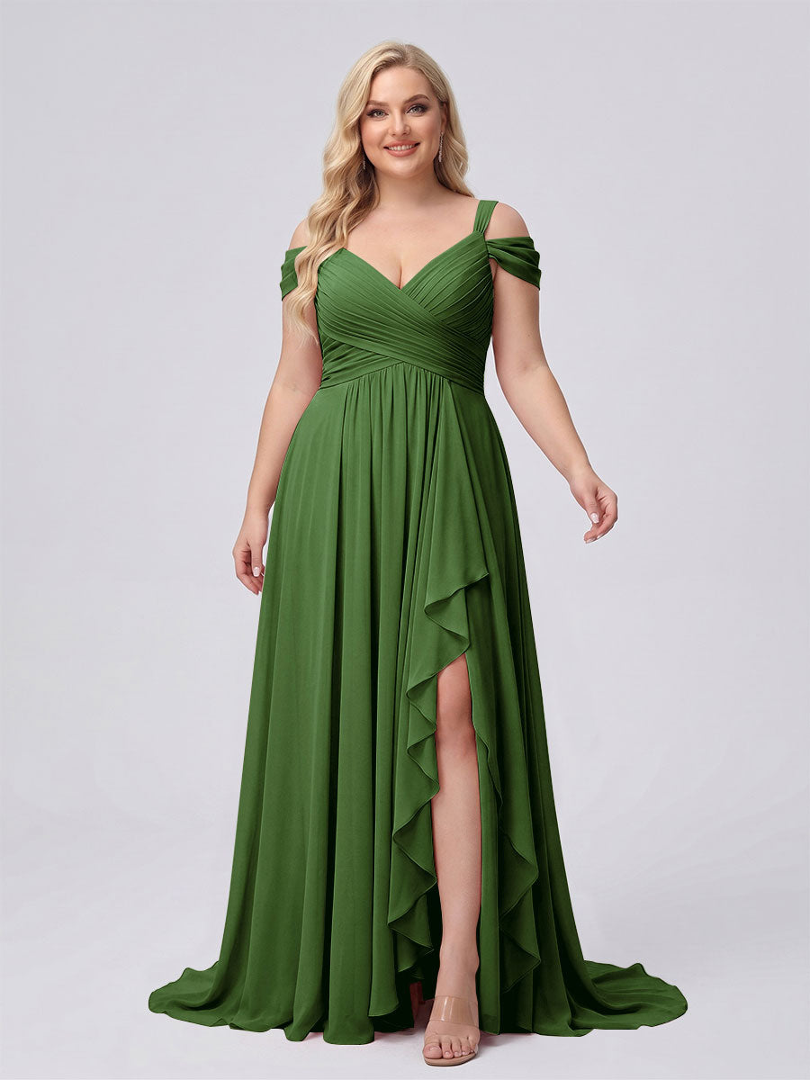 A-Line/Princess V-Neck Split Side Floor-Length Chiffon Plus Size Bridesmaid Dresses With Ruffles