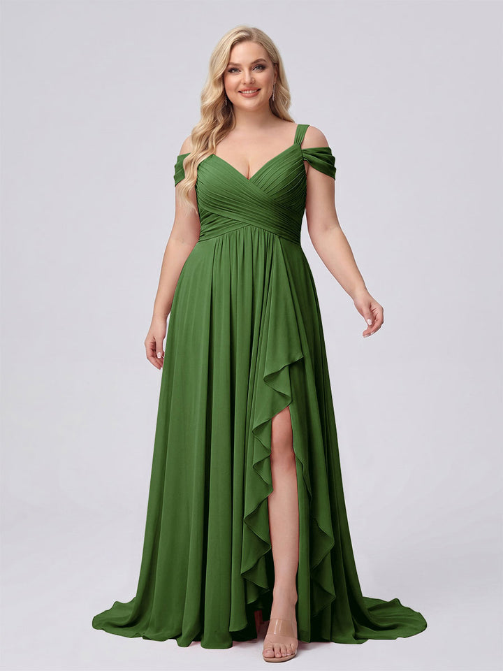 A-Line/Princess V-Neck Split Side Floor-Length Chiffon Plus Size Bridesmaid Dresses With Ruffles