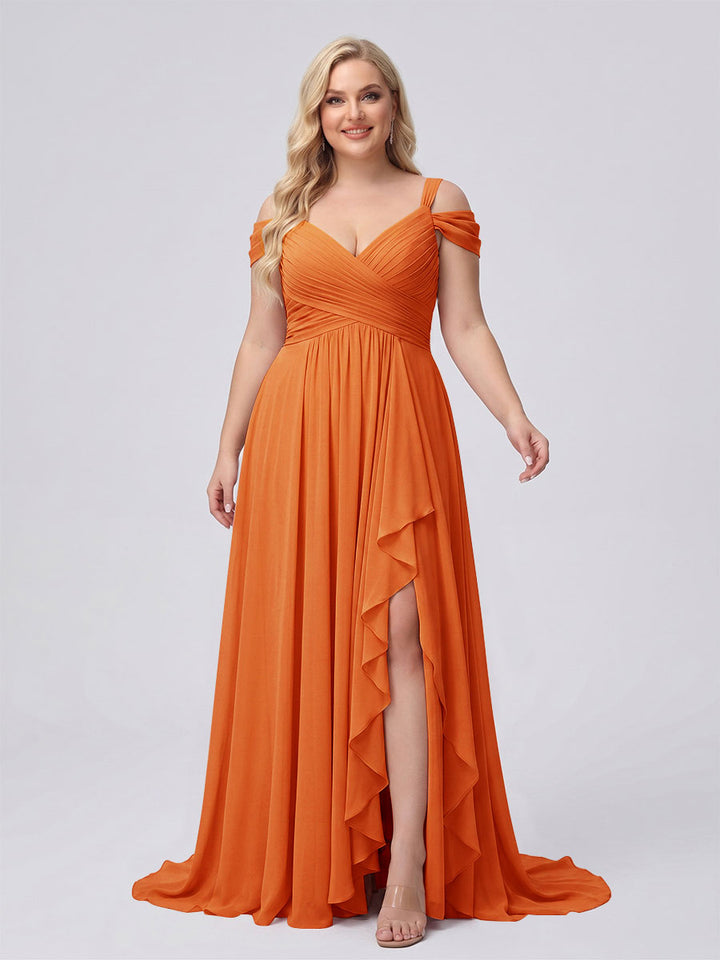A-Line/Princess V-Neck Split Side Floor-Length Chiffon Plus Size Bridesmaid Dresses With Ruffles