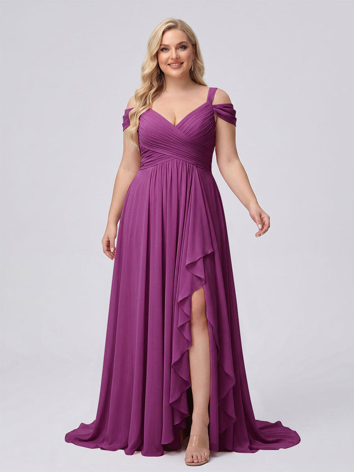 A-Line/Princess V-Neck Split Side Floor-Length Chiffon Plus Size Bridesmaid Dresses With Ruffles