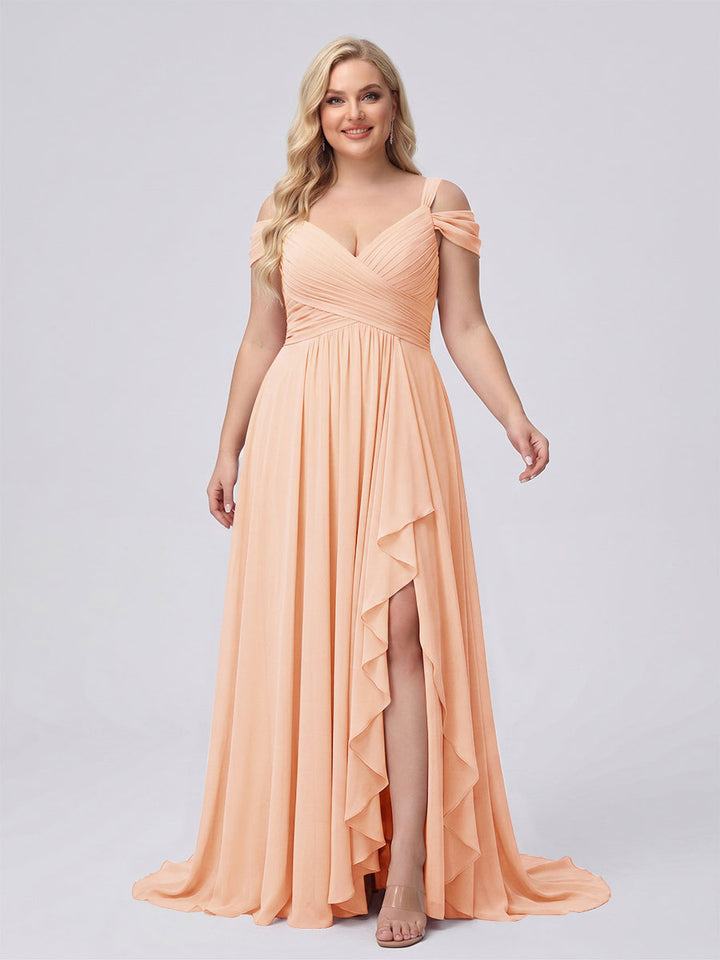 A-Line/Princess V-Neck Split Side Floor-Length Chiffon Plus Size Bridesmaid Dresses With Ruffles