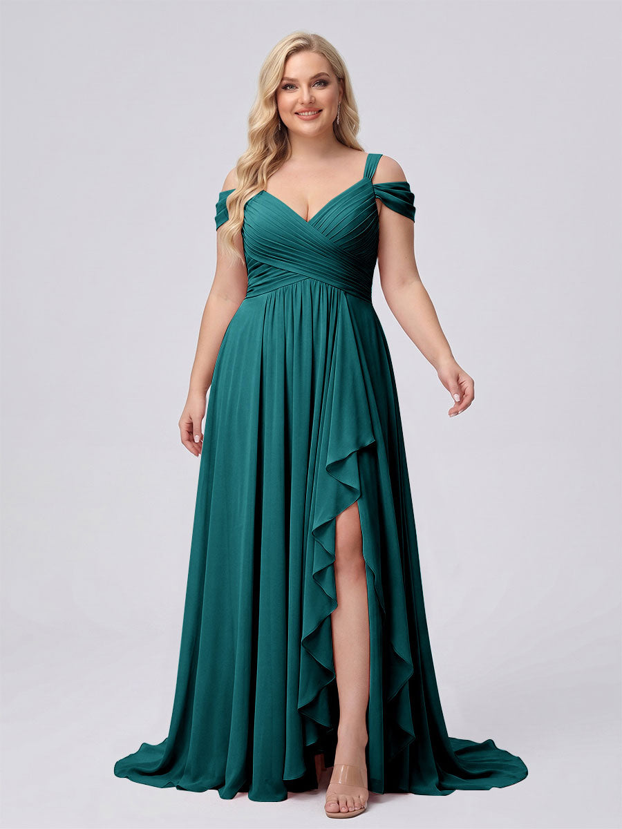 A-Line/Princess V-Neck Split Side Floor-Length Chiffon Plus Size Bridesmaid Dresses With Ruffles