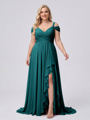 A-Line/Princess V-Neck Split Side Floor-Length Chiffon Plus Size Bridesmaid Dresses With Ruffles