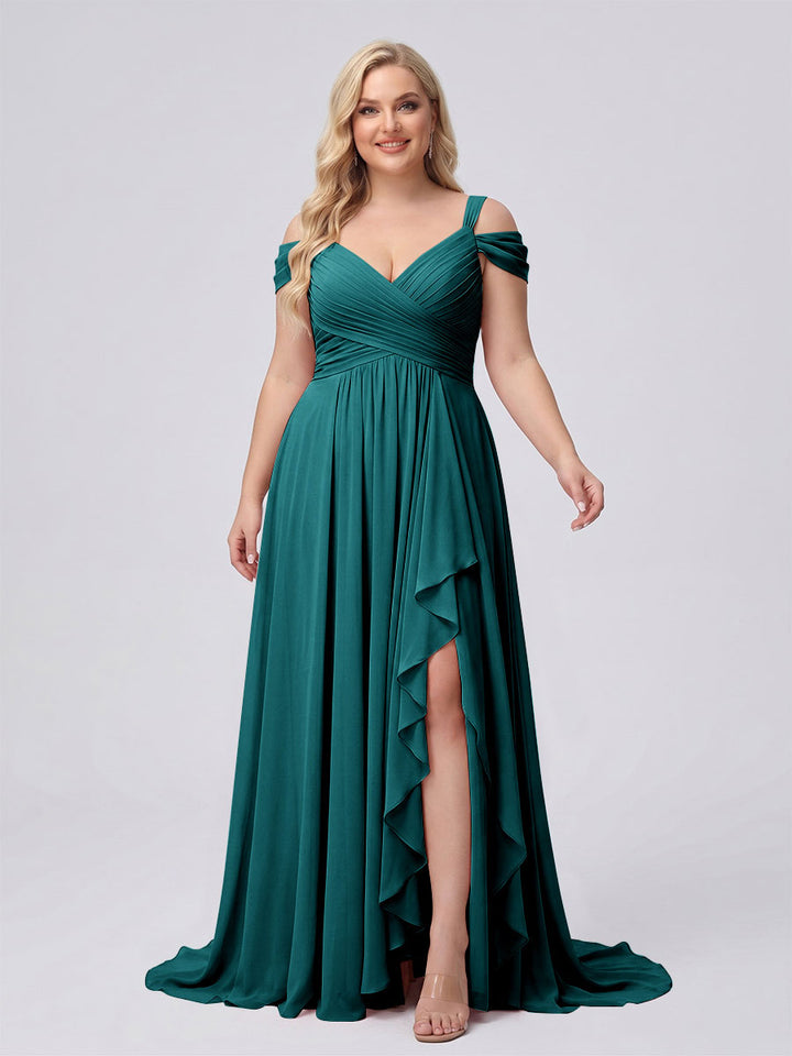 A-Line/Princess V-Neck Split Side Floor-Length Chiffon Plus Size Bridesmaid Dresses With Ruffles