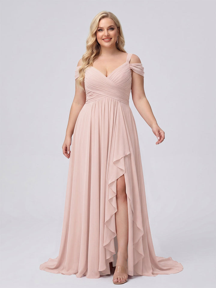 A-Line/Princess V-Neck Split Side Floor-Length Chiffon Plus Size Bridesmaid Dresses With Ruffles