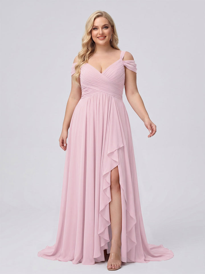 A-Line/Princess V-Neck Split Side Floor-Length Chiffon Plus Size Bridesmaid Dresses With Ruffles