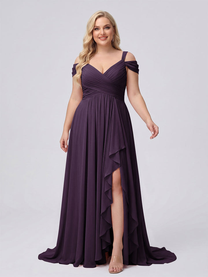 A-Line/Princess V-Neck Split Side Floor-Length Chiffon Plus Size Bridesmaid Dresses With Ruffles