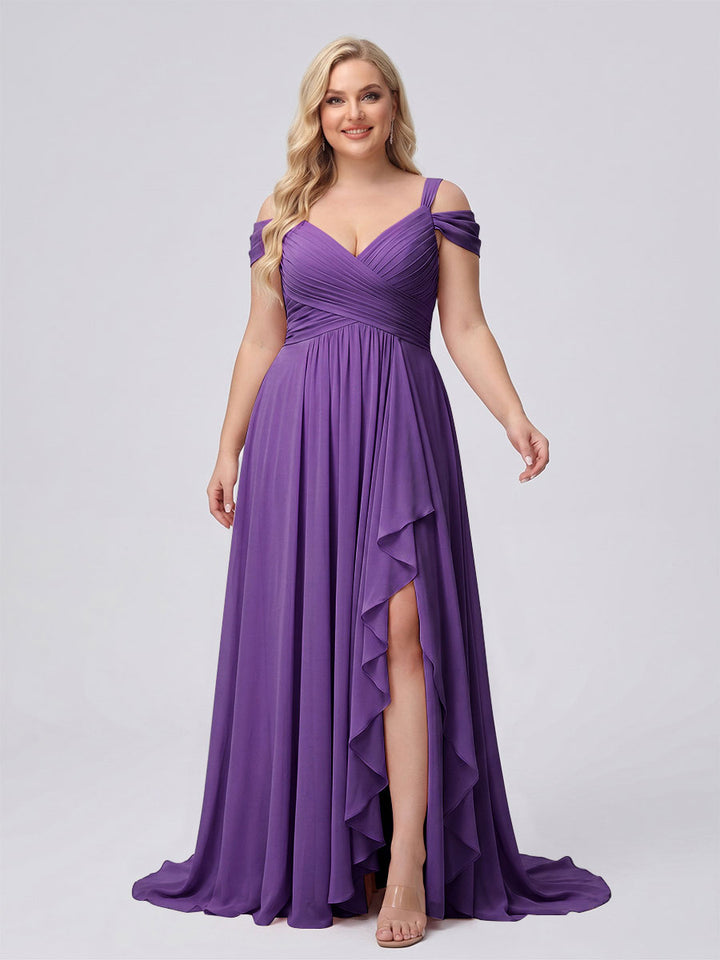 A-Line/Princess V-Neck Split Side Floor-Length Chiffon Plus Size Bridesmaid Dresses With Ruffles