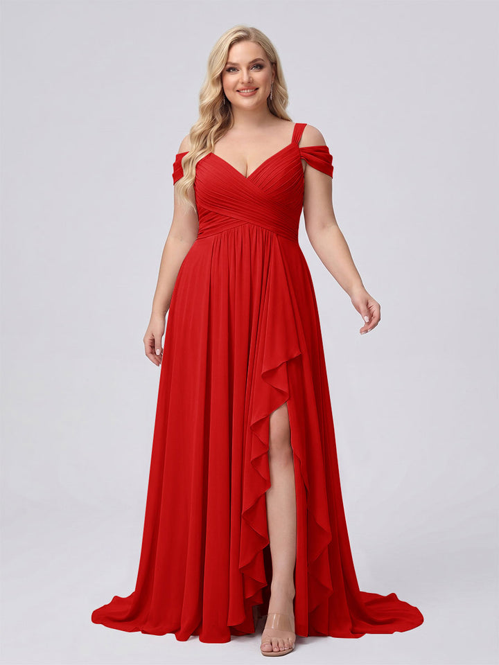 A-Line/Princess V-Neck Split Side Floor-Length Chiffon Plus Size Bridesmaid Dresses With Ruffles