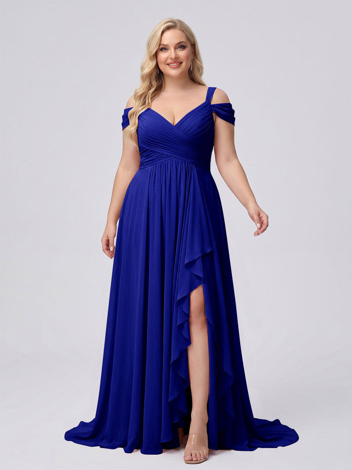 A-Line/Princess V-Neck Split Side Floor-Length Chiffon Plus Size Bridesmaid Dresses With Ruffles