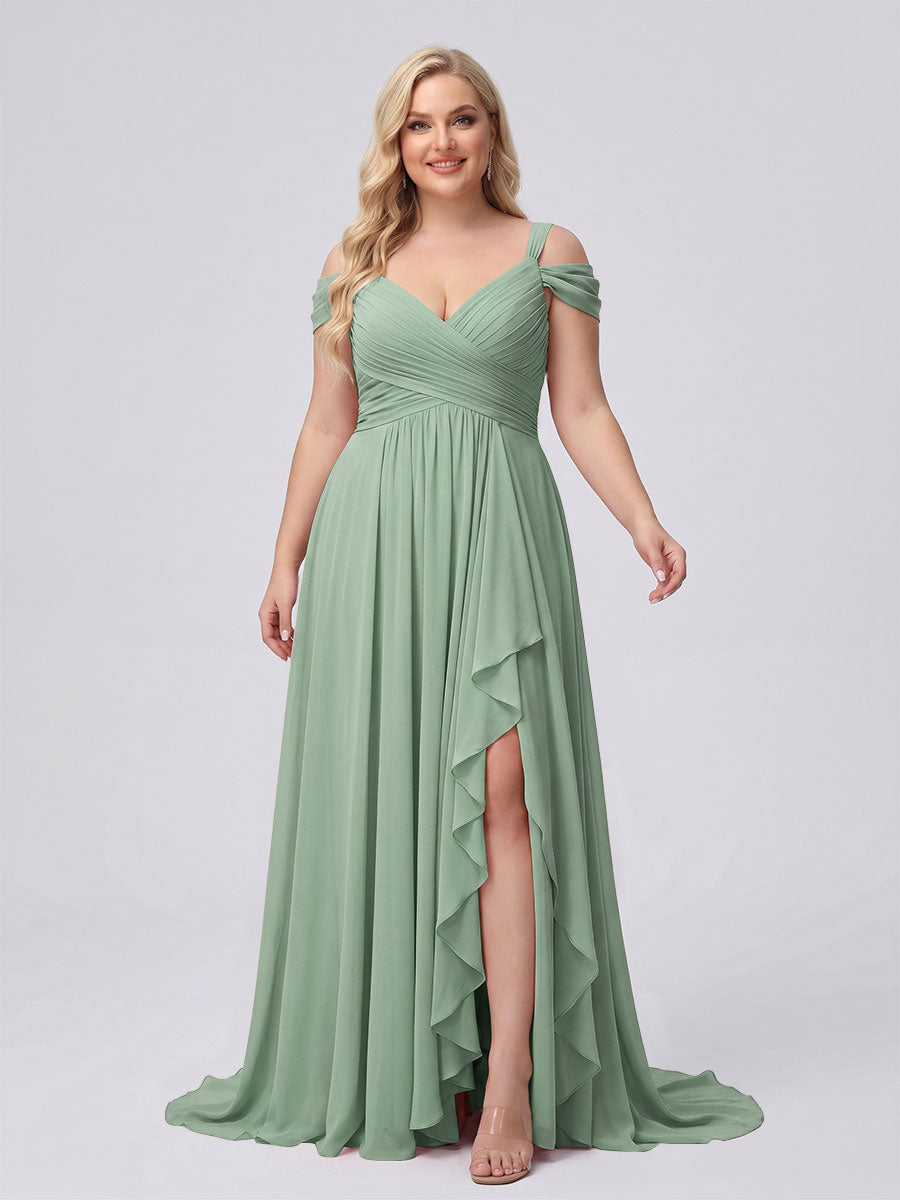A-Line/Princess V-Neck Split Side Floor-Length Chiffon Plus Size Bridesmaid Dresses With Ruffles