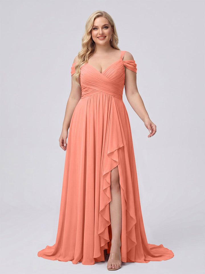 A-Line/Princess V-Neck Split Side Floor-Length Chiffon Plus Size Bridesmaid Dresses With Ruffles