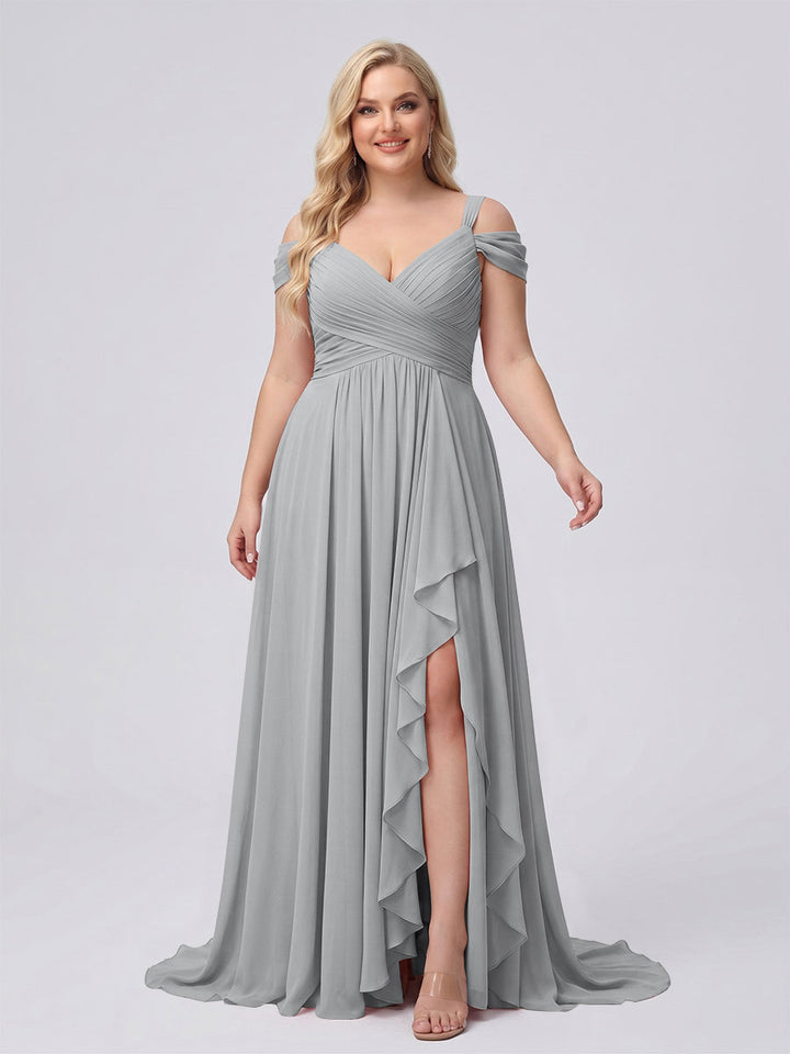 A-Line/Princess V-Neck Split Side Floor-Length Chiffon Plus Size Bridesmaid Dresses With Ruffles