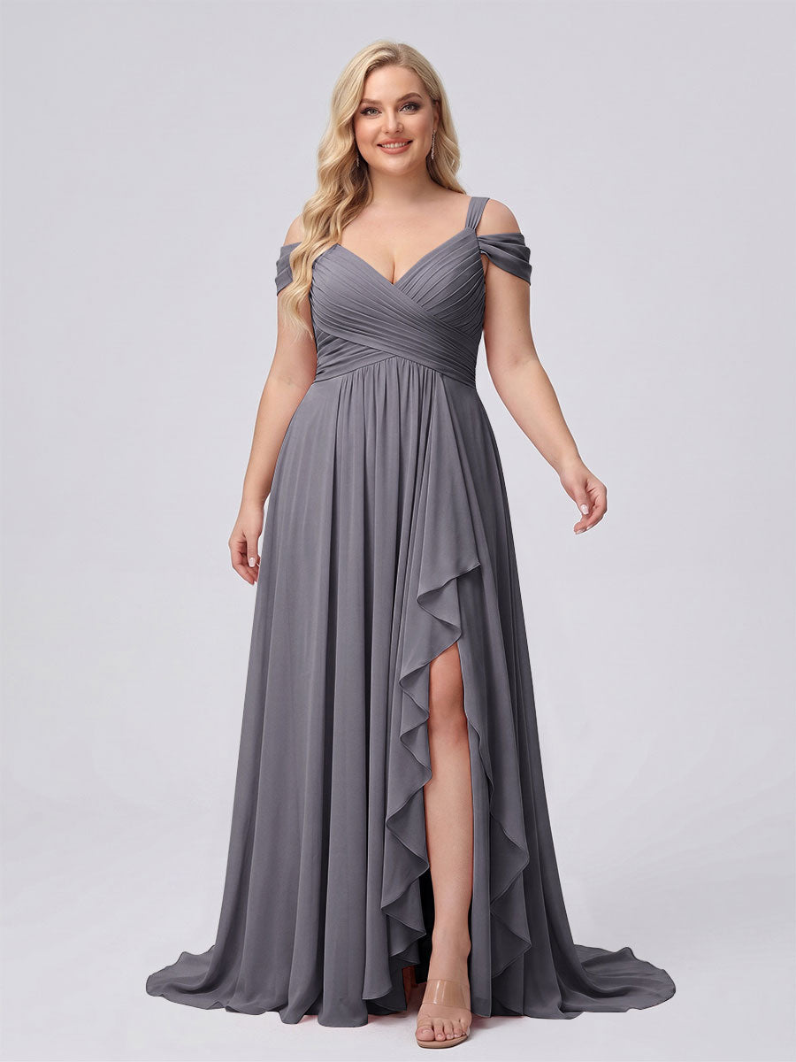 A-Line/Princess V-Neck Split Side Floor-Length Chiffon Plus Size Bridesmaid Dresses With Ruffles